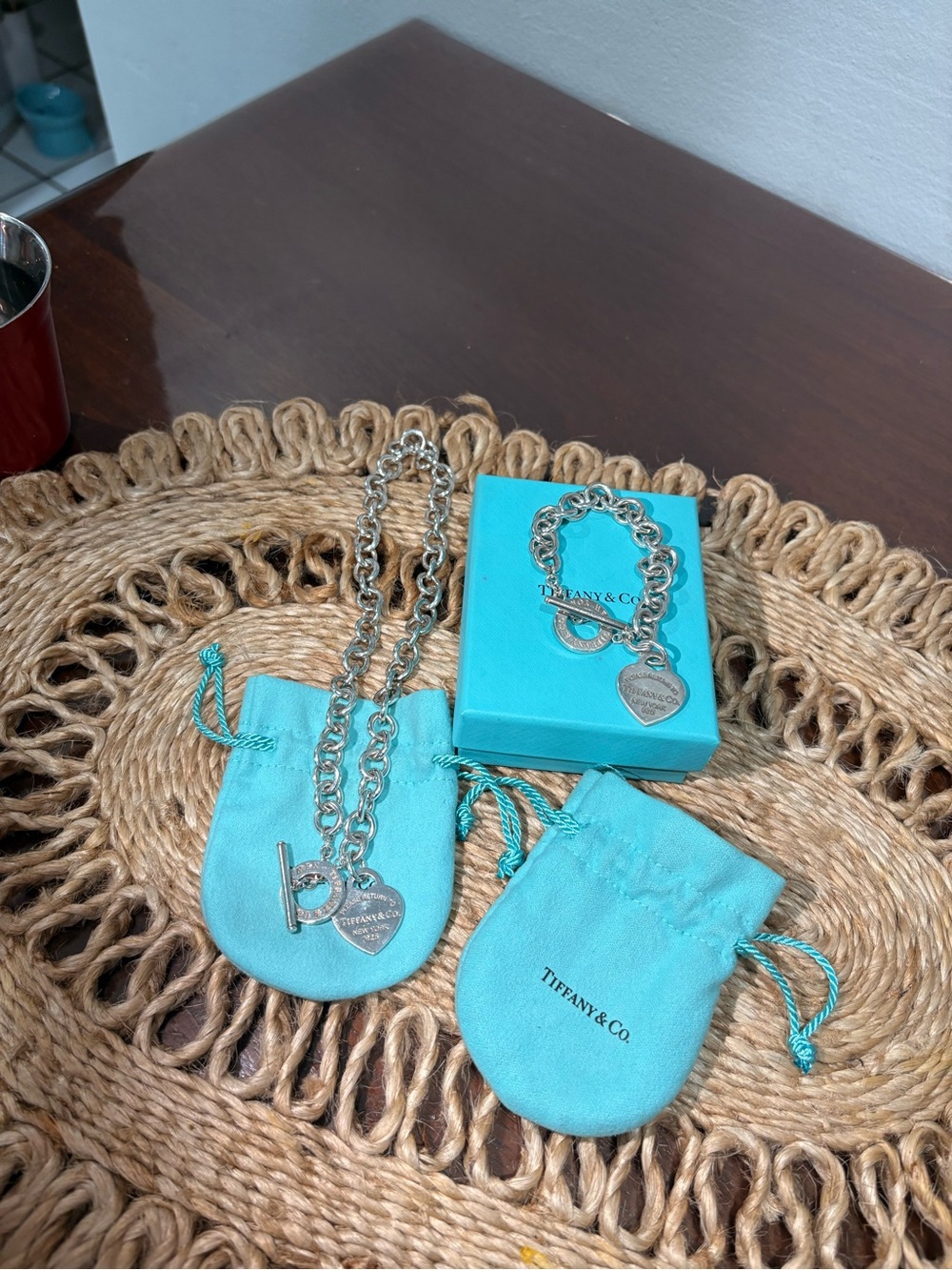 Tiffany & Co. Sterling Silver Heart Tag Necklace with Tiffany Blue Pouches